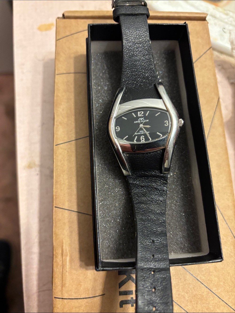 Anne Klein Black Leather Strap Silver-Tone Case Women's Watch
